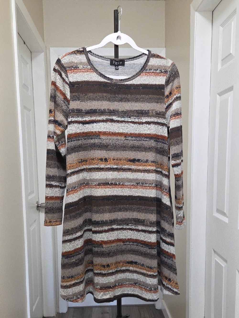 Papillon Blanc Long-Sleeve Striped Knit Dress in Brown, Cream & Rust